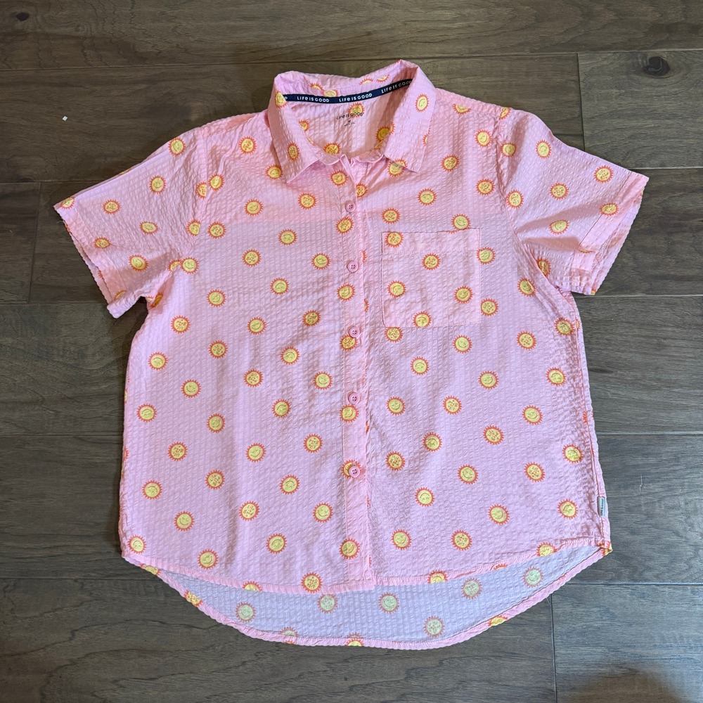Life is Good Pink Sun Print Seersucker Short Sleeve Button Down Shirt WY54409 M
